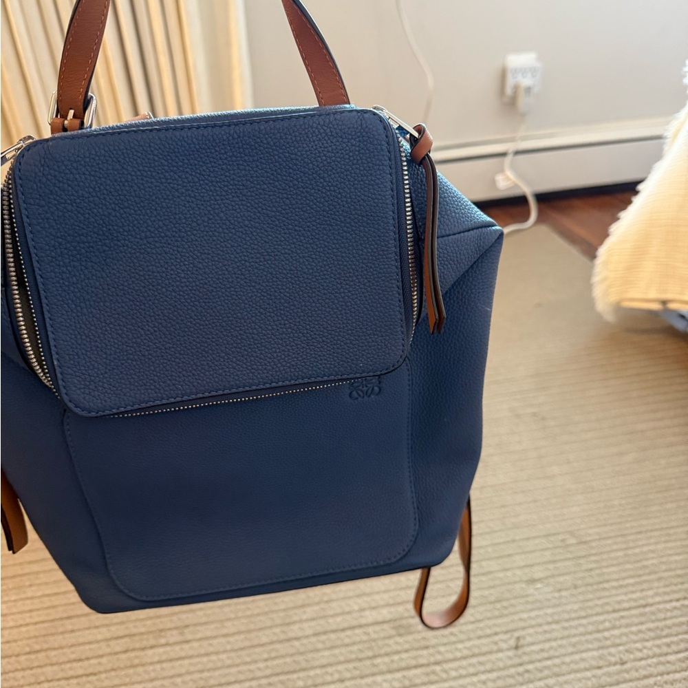 Loewe Blue and Brown Backpack with Leather Straps